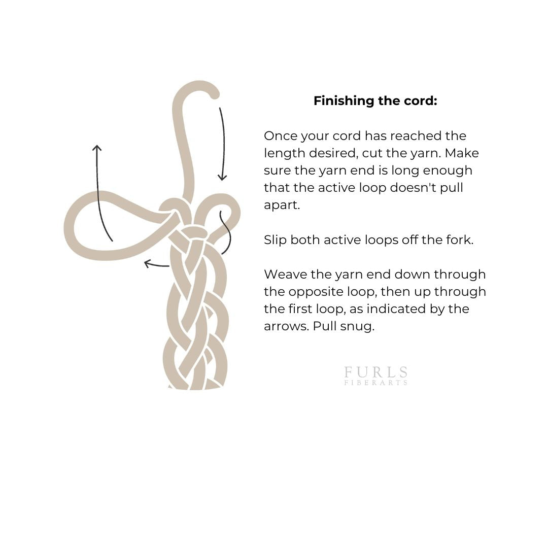 Illustration of a lucet cord and knot. Text "Finishing the cord:  Once your cord has reached the length desired, cut the yarn. Make sure the yarn end is long enough that the active loop doesn't pull apart.   Slip both active loops off the fork.  Weave the yarn end down through the opposite loop, then up through the first loop, as indicated by the arrows. Pull snug."